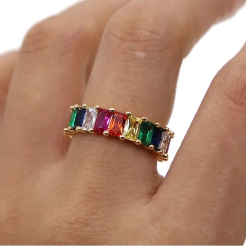 Multicolor Gemstone Gold Band Ring Emerald Cut Gold Plated Jewelry NWT